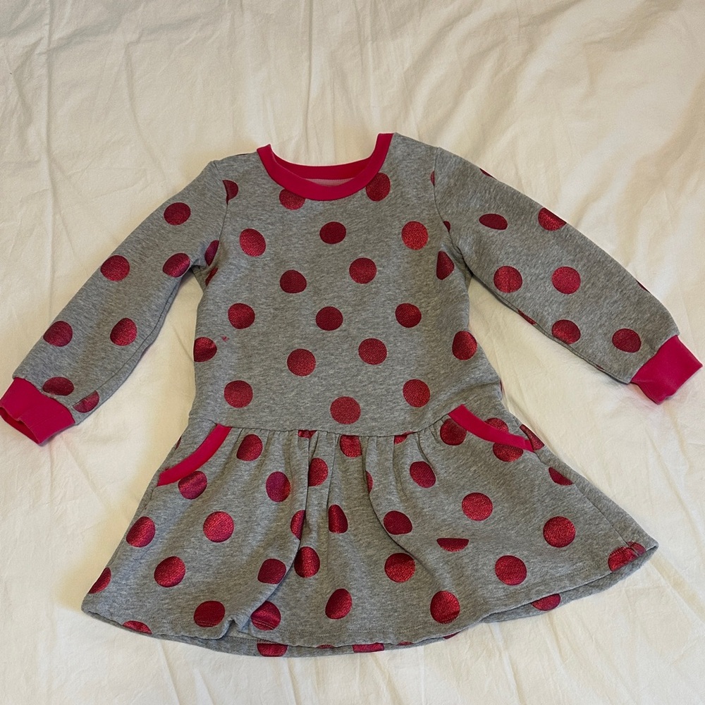 Girls Mini Boden Dress with Pink Polka Dots, size 5-6
